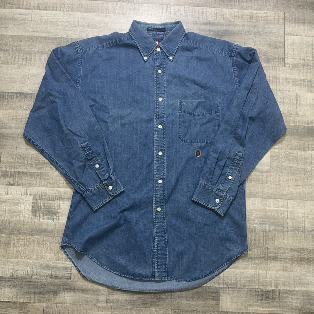 Vintage Tommy Hilfiger Button Down Shirt Medium Denim Cotton Embroidered Logo